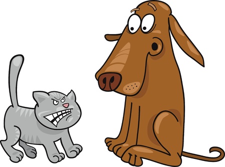 Cartoon illustration of angry kitten and startled dogのイラスト素材