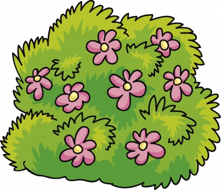 cartoon Illustration of green bush with pink flowersのイラスト素材