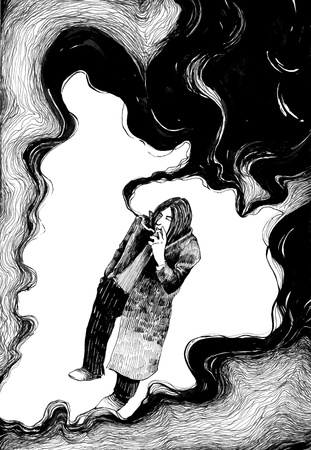 drawing illustration of man smoking a cigarette in the clouds of smokeのeditorial素材