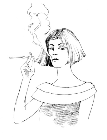 drawing illustration of woman smoking a cigaretteのeditorial素材