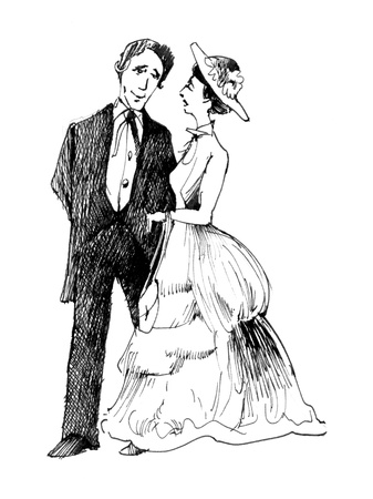 vintage drawing illustration of retro coupleのeditorial素材