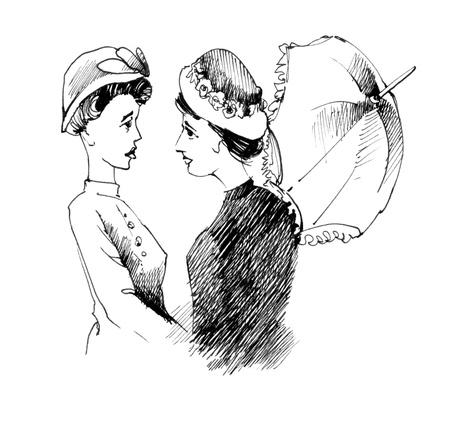 vintage drawing illustration of two women talkingのeditorial素材