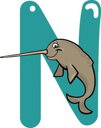 cartoon illustration of N letter for narwhalのイラスト素材