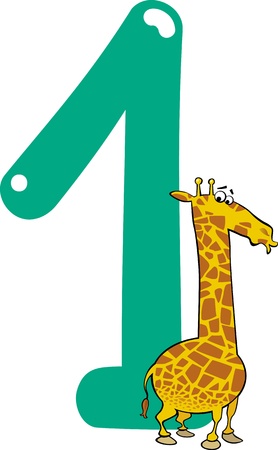 cartoon illustration with number one and giraffeのイラスト素材