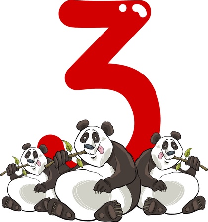 cartoon illustration with number three and panda bearsのイラスト素材