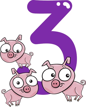 cartoon illustration with number three and pigsのイラスト素材