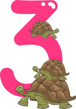 cartoon illustration with number three and turtlesのイラスト素材