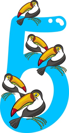 cartoon illustration with number five and toucansのイラスト素材