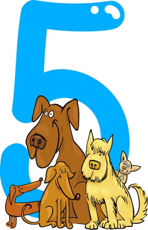 cartoon illustration with number five and dogsのイラスト素材