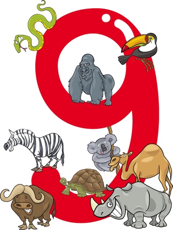 cartoon illustration with number nine and different animalsのイラスト素材