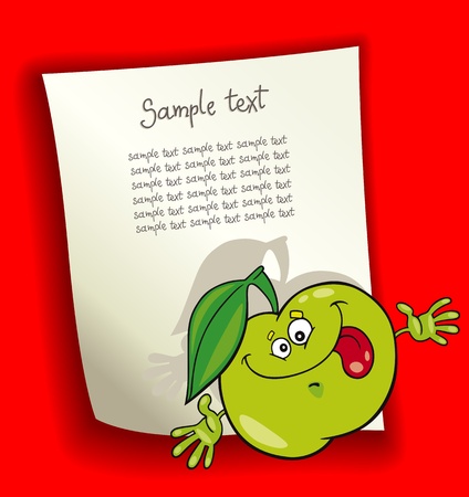 cartoon design illustration with blank page and funny green appleのイラスト素材