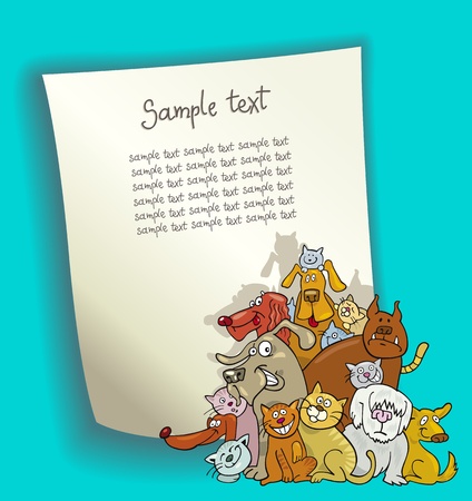 cartoon design illustration with blank page and group of cats and dogsのイラスト素材