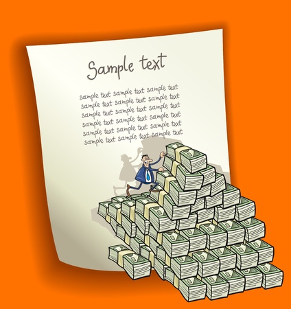 cartoon design illustration with blank page and businessman climbing on heap of moneyのイラスト素材