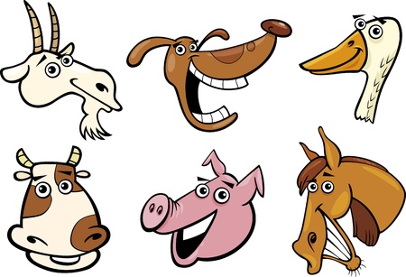 Cartoon Illustration of Different Funny Farm Animals Heads Set  Goat, Pig, Cow, Horse, Dog and Gooseのイラスト素材