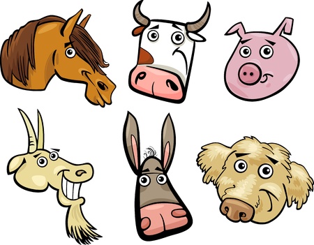 Cartoon Illustration of Different Funny Farm Animals Heads Set  Goat, Pig, Cow, Horse, Dog and Donkeyのイラスト素材