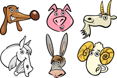 Cartoon Illustration of Different Funny Farm Animals Heads Set  Goat, Pig, Ram, Horse, Dog and Donkeyのイラスト素材