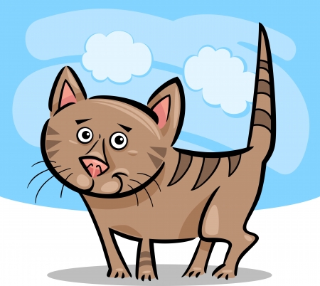 Cartoon Illustration of Cute Brown Tabby Cat or Kitten Against Blue Skyのイラスト素材