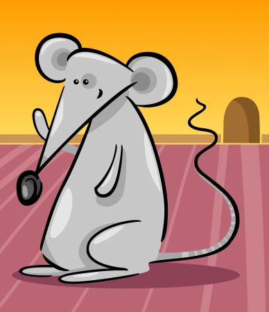 Cartoon Illustration of Cute Little Gray Mouse and her Hole in the Wallのイラスト素材