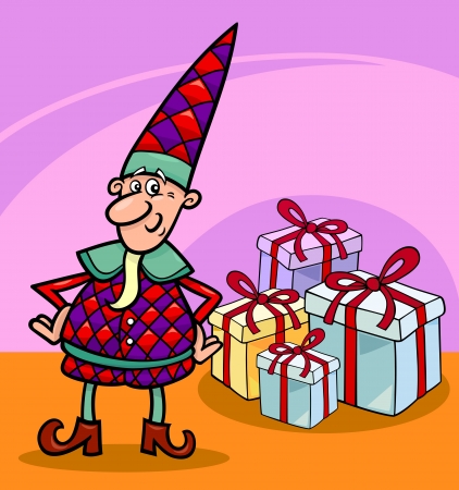 cartoon illustration of elf or gnome with christmas presentsのイラスト素材