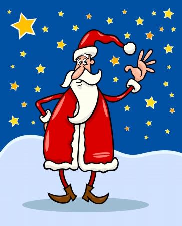 Cartoon Illustration of Christmas Santa Claus against Evening Sky full of Starsのイラスト素材