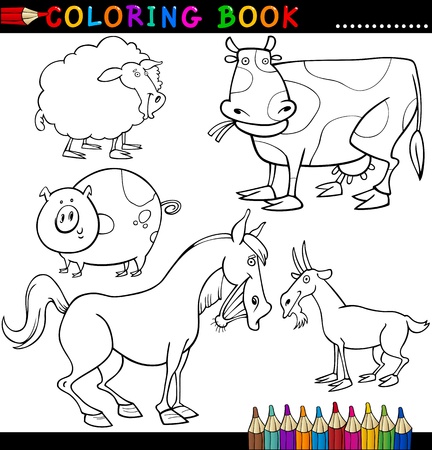 Coloring Book or Page Cartoon Illustration of Funny Farm and Livestock Animals for Childrenのイラスト素材