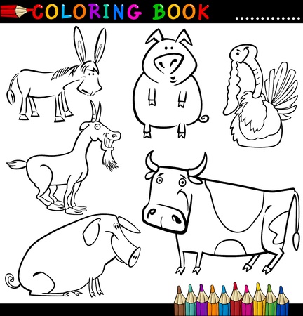 Coloring Book or Page Cartoon Illustration of Funny Farm and Livestock Animals for Childrenのイラスト素材