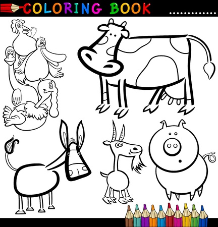 Coloring Book or Page Cartoon Illustration of Funny Farm and Livestock Animals for Childrenのイラスト素材