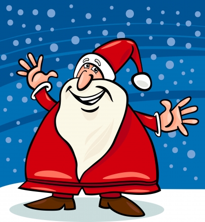 Cartoon Illustration of Happy Christmas Santa Claus or Papa Noel against Evening Sky and Snowのイラスト素材