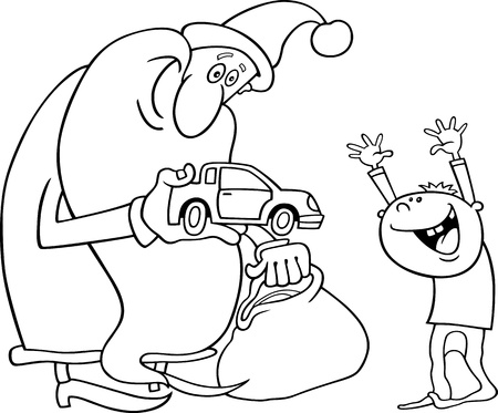 Cartoon Illustration of Santa Claus Giving Christmas Present to Little Boy for Coloring Book or Pageのイラスト素材