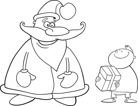 Cartoon Illustration of Santa Claus or Father Christmas giving Present to Happy Little Boy for Coloring Book or Pageのイラスト素材