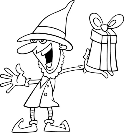 Cartoon Illustration of Christmas Elf with Gift for Coloring Book or Pageのイラスト素材