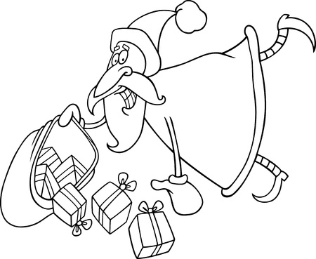 Cartoon Illustration of Flying Santa Claus with Sack of Christas Presents for Coloring Bookのイラスト素材