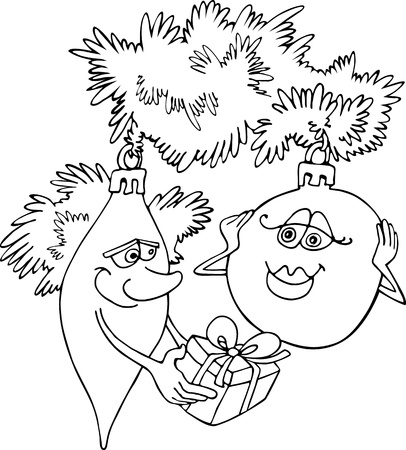 Cartoon Illustration of Baubles on Christmas Tree for Coloring Book or Pageのイラスト素材