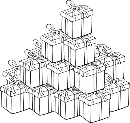 Cartoon Illustration of Heap of Christmas Presents for Coloring Book or Pageのイラスト素材