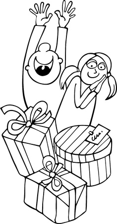 Cartoon Illustration of Children Happy of Christmas or Birthday Presents for Coloring Book or Pageのイラスト素材