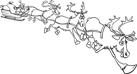 cartoon llustration of santa claus on sledge with sacks of christmas presents and reindeer for coloring book or pageのイラスト素材