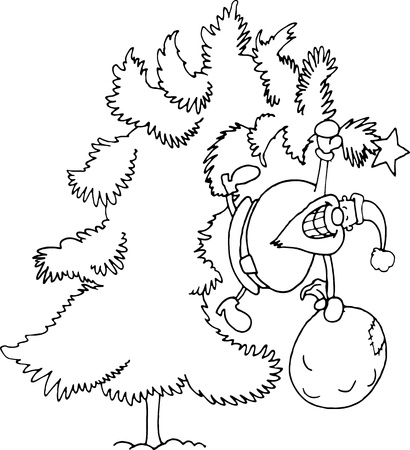Cartoon Illustration of Santa Claus or Father Christmas or Papa Noel on Christmas Tree with Sack of Presents for Coloring Book or Pageのイラスト素材