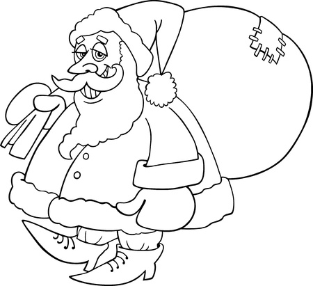 Cartoon Illustration of Santa Claus or Father Christmas or Papa Noel with Sack of Presents for Coloring Book or Pageのイラスト素材