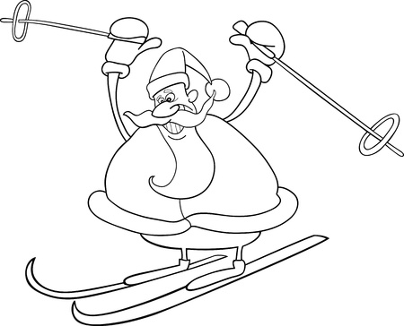 Cartoon Illustration of Santa Claus or Father Christmas or Papa Noel on Ski for Coloring Book or Pageのイラスト素材