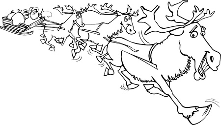 cartoon llustration of santa claus on sledge with sacks of christmas presents and reindeer for coloring bookのイラスト素材