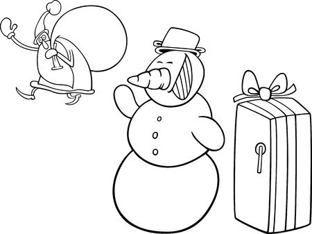 Cartoon Illustration of Santa Claus or Father Christmas or Papa Noel with Sack of Presents giving a Fridge to Snowman for Coloring Book or Pageのイラスト素材