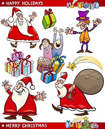 Cartoon Illustration of Santa Claus or Papa Noel, Elf, Presents and other Christmas Themes setのイラスト素材