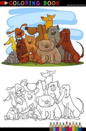 Coloring Book or Page Cartoon Illustration of Cute Dogs Group for Childrenのイラスト素材
