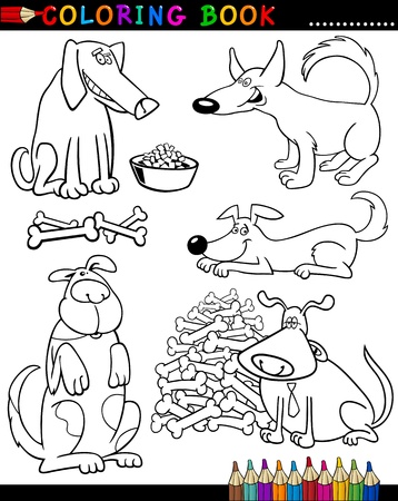 Coloring Book or Page Cartoon Illustration of Funny Dogs and Puppies for Childrenのイラスト素材