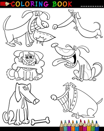 Coloring Book or Page Cartoon Illustration of Funny Dogs and Puppies for Childrenのイラスト素材
