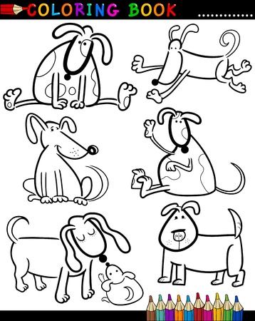 Coloring Book or Page Cartoon Illustration of Funny Dogs and Puppies for Childrenのイラスト素材