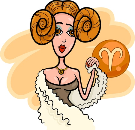 Illustration of Beautiful Woman Cartoon Character and Aries Horoscope Zodiac Signのイラスト素材