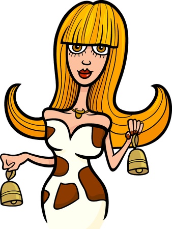 Illustration of Beautiful Woman Cartoon Character with Cow Bells or Taurus Horoscope Zodiac Signのイラスト素材