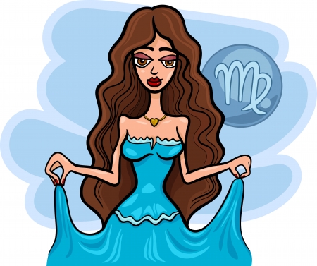 Illustration of Beautiful Woman Cartoon Character in Blue Long Dress and Virgo Horoscope Zodiac Signのイラスト素材