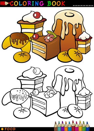 Coloring Book or Page Cartoon Illustration of Sweet Food like Cakes and Cookies and Buns for Children Educationのイラスト素材